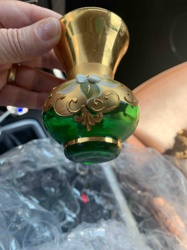 Murano Style Enameled and Gilded Green Glass Miniature Vase/Perfume Bottle