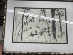 Framed Ink Wash Landscape with Birds
