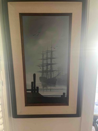 Maritime Seascape Painting of a Tall Ship at Dock