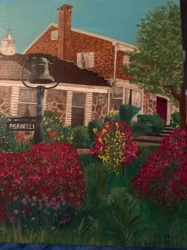 Painting of a Stone and Brick Building with Garden and Bell