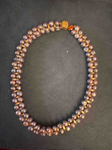 Double-Strand Cultured Tahitian Grey Pearl Necklace with Gold Filigree Clasp