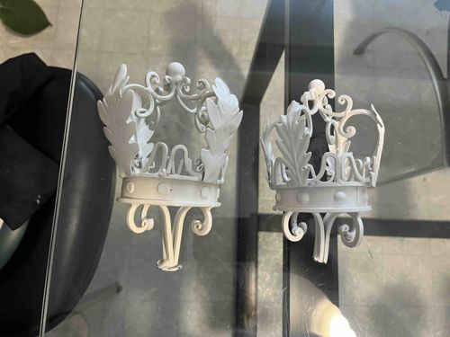 Pair of White Crown-Motif Wall Sconce Candle Holders