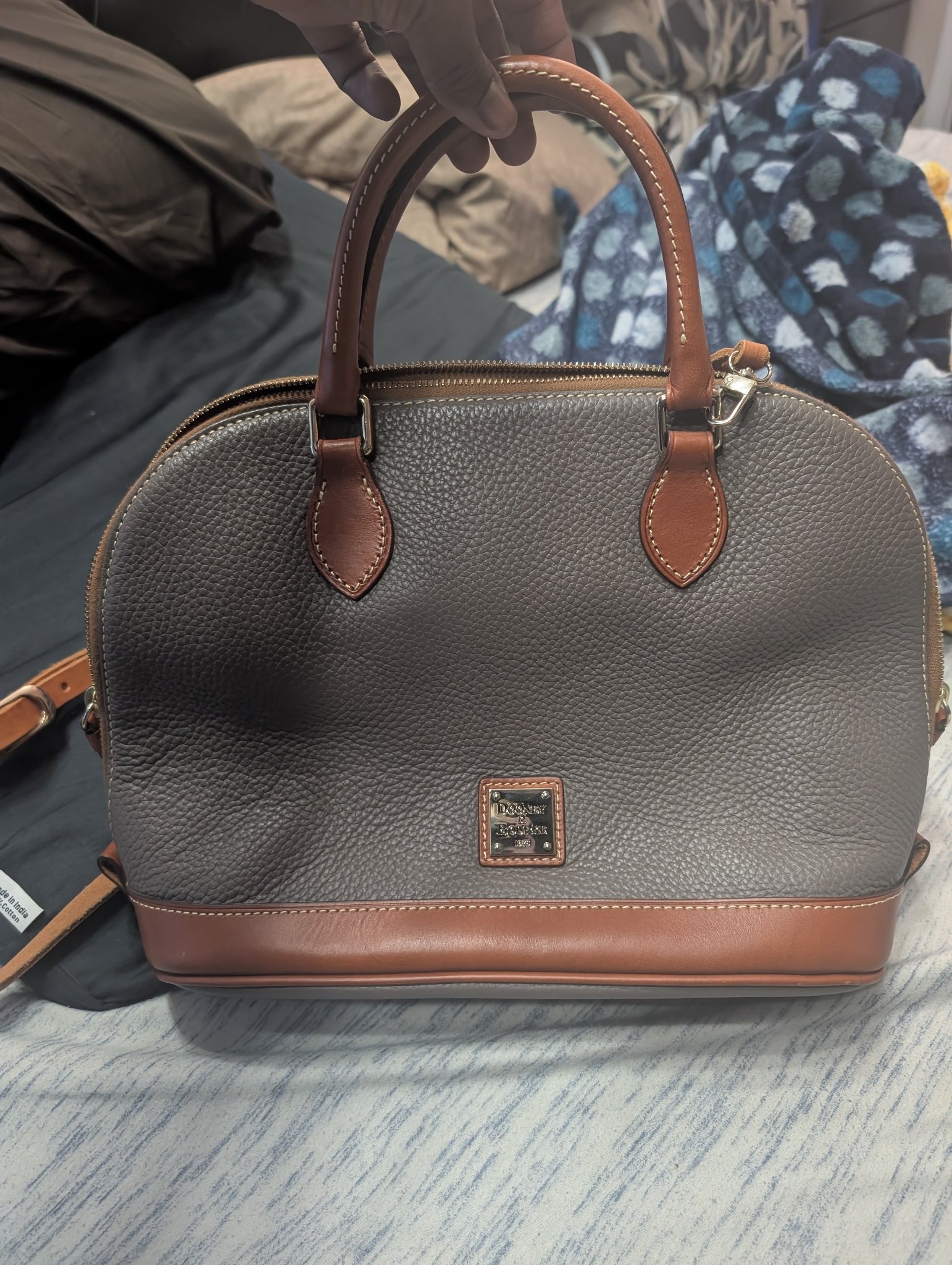 Submitted photo of Dooney & Bourke grey and brown leather handbag (not authenticated)