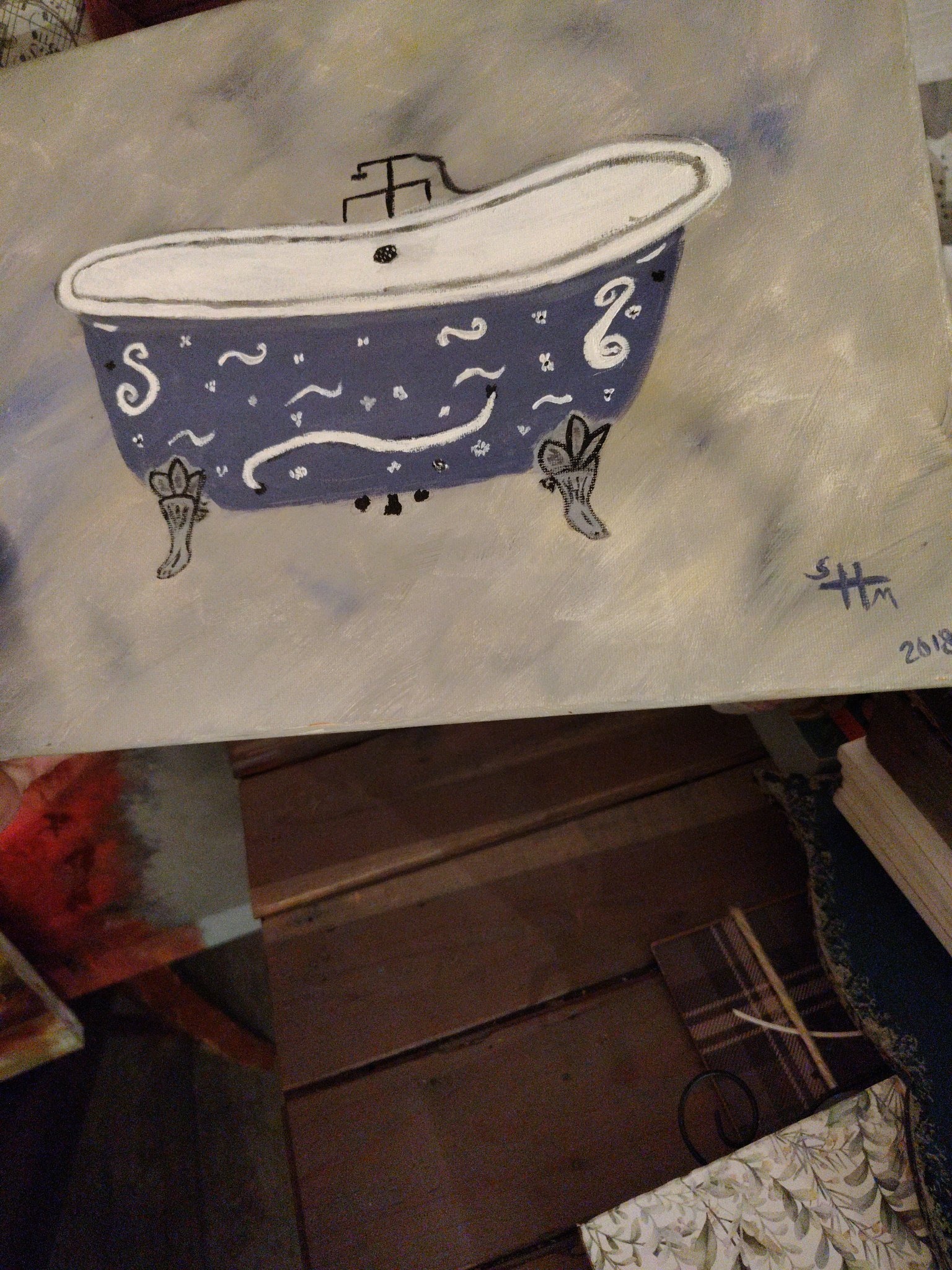 Submitted photo of Painting of a clawfoot tub signed 'SHM'