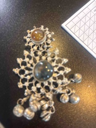 Filigree Silver Brooch with Cabochon Gemstones and Dangling Charms