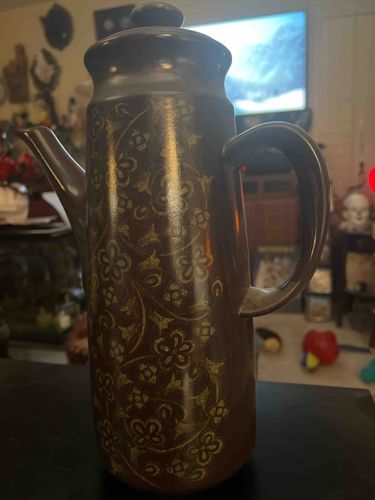 Vintage Brown Ceramic Coffee Pot with Floral Design