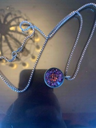 Silver-Toned Box Chain Necklace with Purple and Orange Crystal Pendant