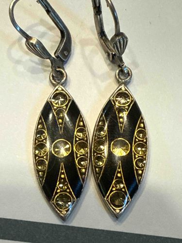 Art Deco Style .925 Sterling Silver Black Enamel and Rhinestone Dangle Earrings