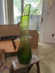 Mid-Century Modern Green Ribbed Art Glass Floor Vase