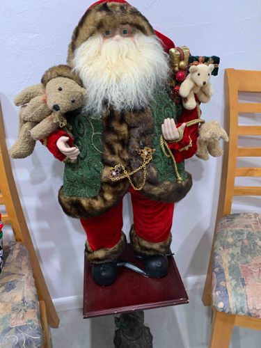 Standing Santa Claus Figurine with Faux Fur and Gifts