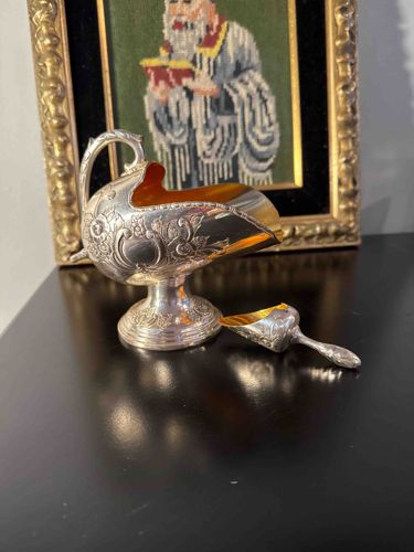 Victorian Style Silver-Plated Miniature Scuttle Sugar Basin with Scoop