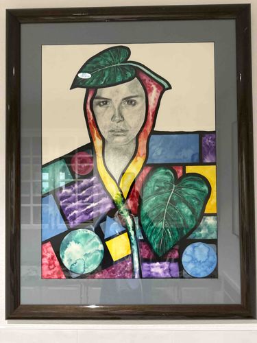 Framed Abstract Mixed Media Portrait with Botanical Elements