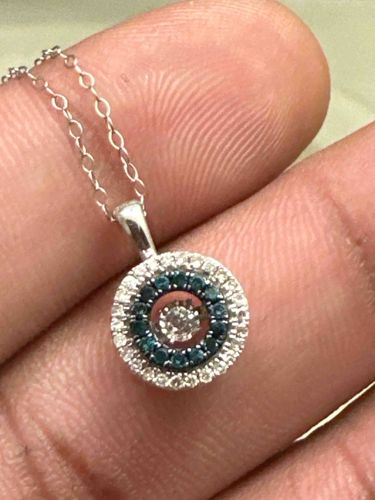 White Gold Blue and White Diamond Halo Pendant Necklace
