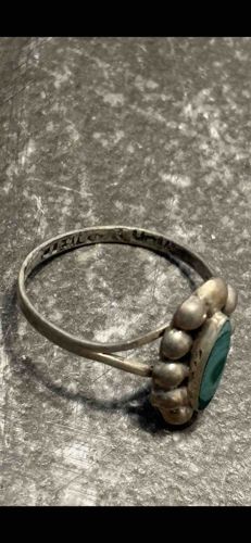 Vintage Turquoise Cabochon Ring with Beaded Sterling Silver Setting