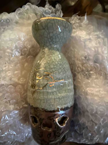 Japanese Ceramic Sake Bottle (Tokkuri) with Crackle Glaze and Embossed Decoration
