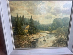 Mountain Landscape with Cabin and River Painting