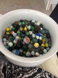 Collection of Assorted Vintage and Modern Glass Marbles in Ceramic Bowl