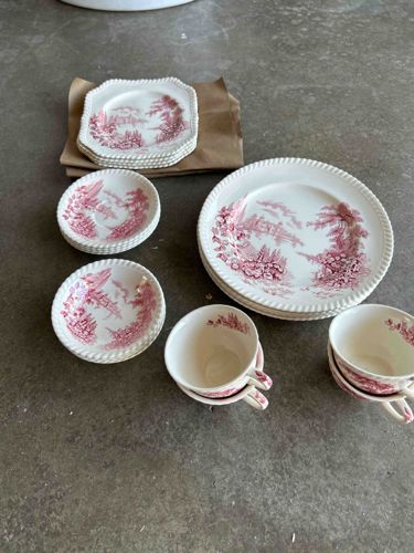 Vintage Pink Transferware Dinnerware Set with Beaded Rims