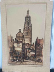 Munich Cityscape Etching, Hand-Tinted
