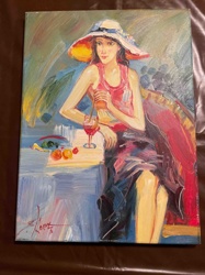 Woman in a Sun Hat with Drink - Original Oil Painting