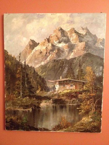 Alpine Landscape Oil Painting with Lakeside Chalet