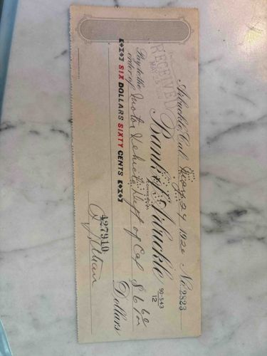 Historical Bank Check from Bank of Arbuckle, 1920