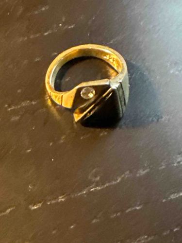 Men's Gold-Tone Signet Ring with Black Stone and Accent Diamond/CZ