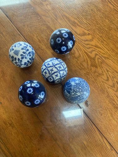 Set of Five Blue and White Porcelain Decorative Spheres