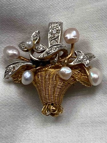 Edwardian Era Flower Basket Brooch with Seed Pearls and Diamonds