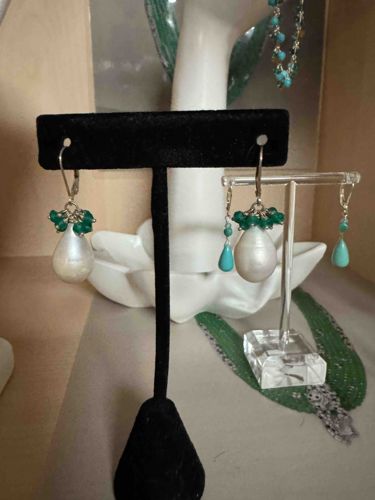 Freshwater Teardrop Pearl and Green Onyx Leverback Earrings