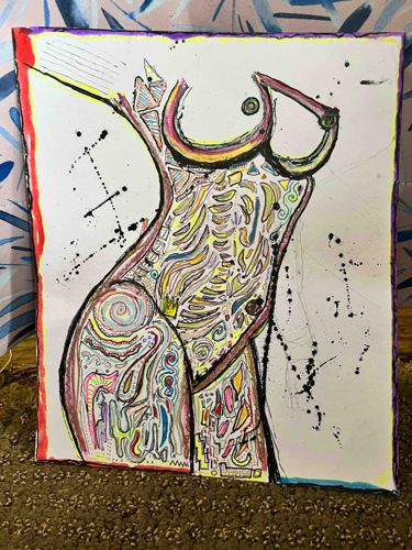 Stylized Female Torso Mixed Media Artwork