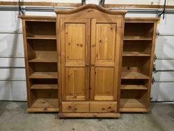 Pine Armoire with Flanking Bookcases