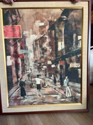 Abstracted Figurative Cityscape Painting, Possibly Asian Street Scene