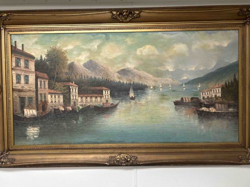 Lakeside Mountain Village Oil Painting