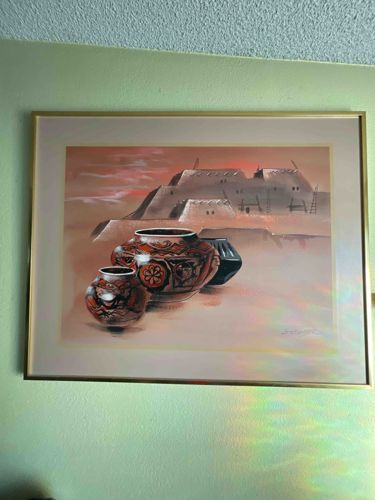 Southwestern Landscape with Pottery and Pueblo