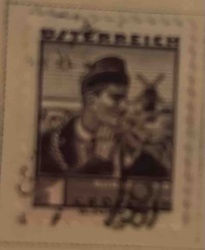 Austrian Postage Stamp depicting a Man in Traditional Attire (Possible Tyrolean or Austrian Folklore Theme)