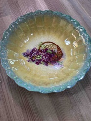Iridescent Scalloped Glass Bowl with Floral Basket Motif
