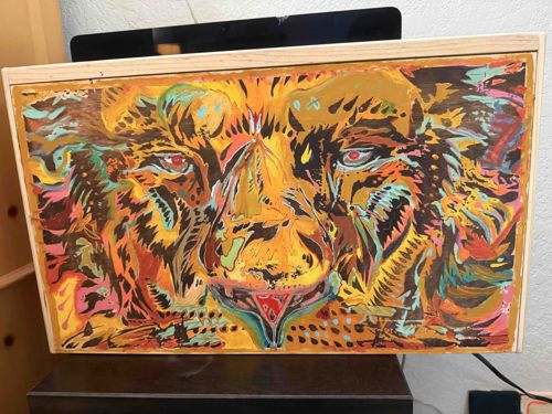 Abstract Lion Face Painting on Wood Panel
