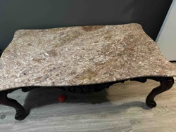 Carved Wood Coffee Table with Marble Top