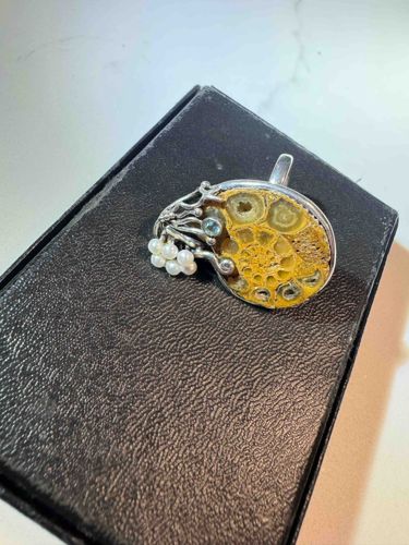 Fossil Ammonite and Pearl Pendant in Sterling Silver
