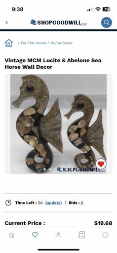 Vintage MCM Lucite & Abalone Seahorse Wall Decor