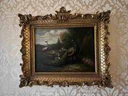 Oil Painting of Peacocks in a Landscape with Ornate Gilt Frame