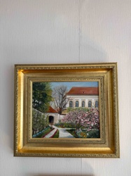 Landscape Painting of a European Villa with Spring Garden