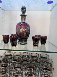 Amethyst Venetian Glass Decanter Set with Cordials and Mid-Century Modern Tumblers