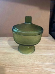 Mid-Century Olive Green Bark Textured Glass Lidded Candy Dish / Compote