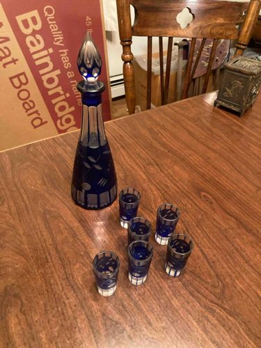 Cobalt Blue Cut-to-Clear Decanter Set with Six Shot Glasses