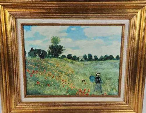 Impressionistic Landscape Painting with Poppies and Figures in Gold Frame
