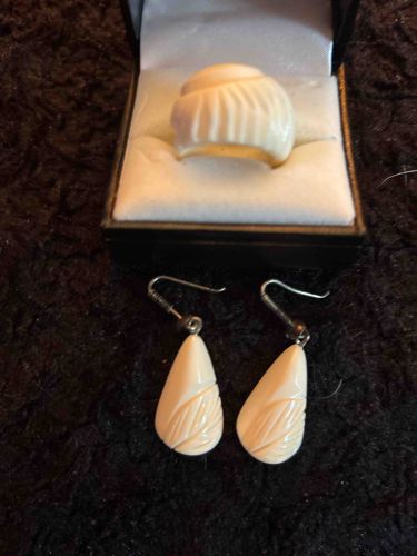 Carved Bone or Ivory Jewelry Set (Ring and Earrings)