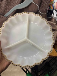 Milk Glass Gold Beaded Divided Relish Dish