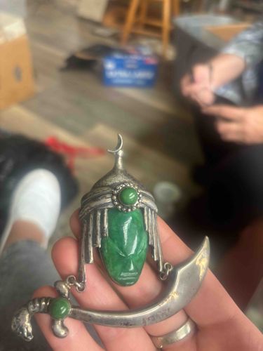 Middle Eastern Style Brooch/Pendant with Carved Green Stone Face and Scimitar